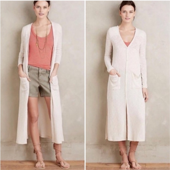 Saturday Sunday Anthropologie Long Line Cardigan Sweater Size XS Beige Thin Knit - Picture 1 of 8
